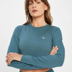 MP Damen Rest Day Body Fit Langarm-Crop-T-Shirt– Blaugrau -Sportliche Kleidung Geschäft 13838153 6405009212389981